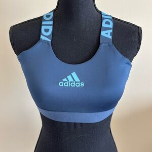 NWOT ADIDAS Blue Gray sports bra.  Adidas branded cross-cross straps. Women's S.